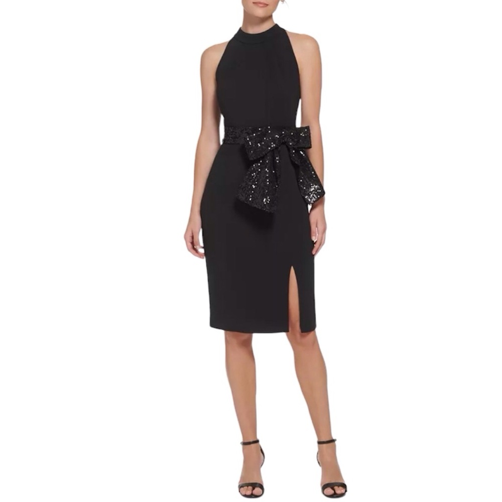 ELIZA J Black Sequin Bow Sleeveless Halter Neck Cocktail Sheath Dress Size 16